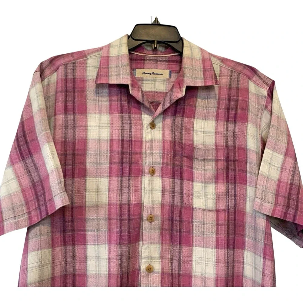 Tommy Bahama 100% Silk Mens Plaid Button-Front Shirt Pink/Cream w/Brown Buttons
